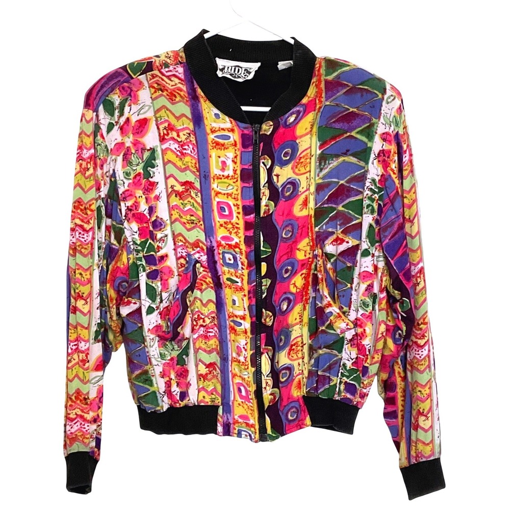 VTG 80s 90s RIDE women's bomber jacket abstract artsy grunge festival retro M